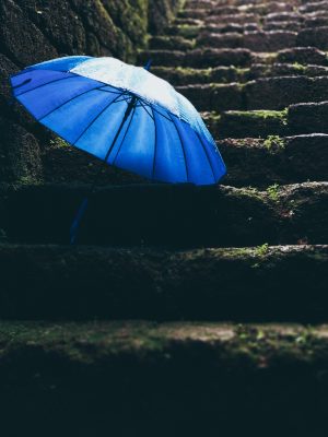 Canva - Blue Umbrella on Black Stairs